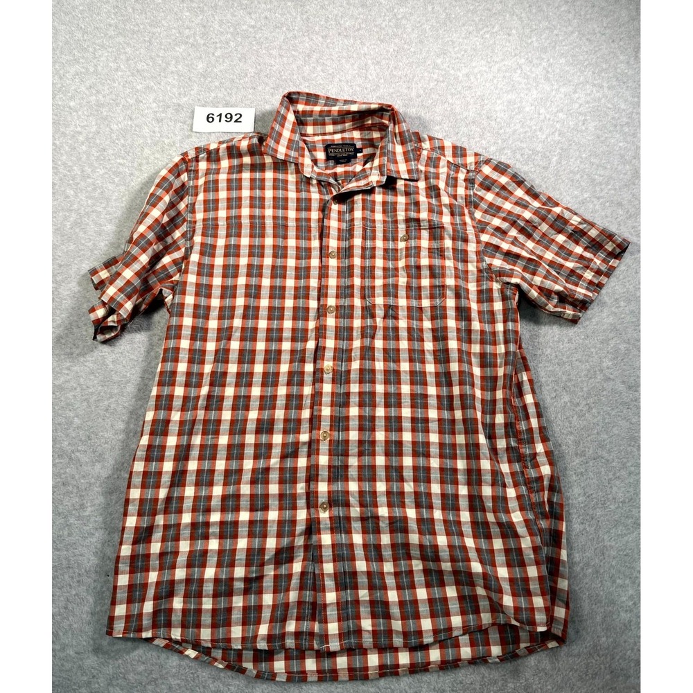 Pendleton Shirt Mens Large Orange Gray Plaid Collared Button Up Short Sleeve